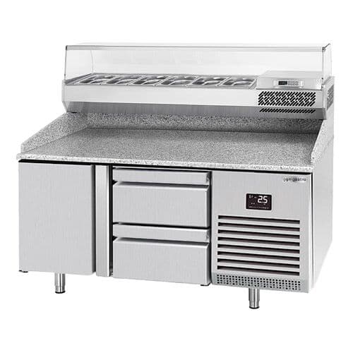 Pizza preparation table Premium PLUS - 1490x700mm - with 1 door & 2 drawers - incl. refrigerated display case - 6x GN 1/4