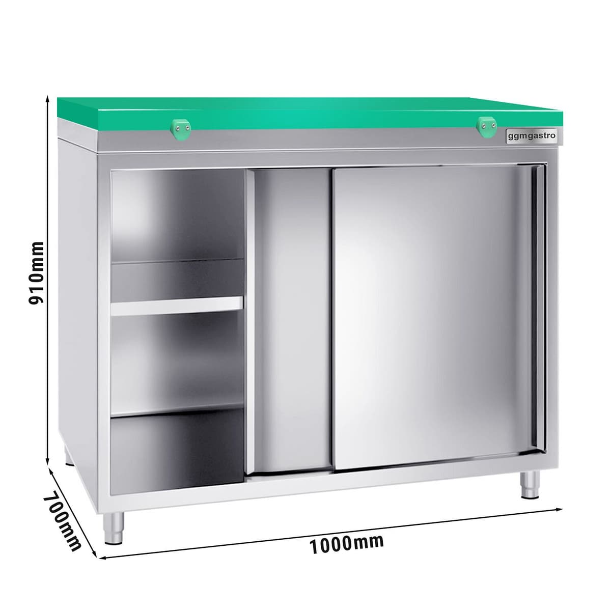 Stainless steel work cabinet PREMIUM - 1000x700mm - with sliding door without backsplash incl. cutting plate