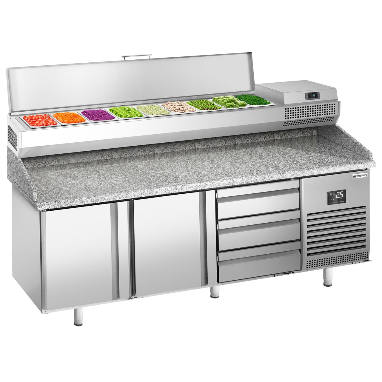 Pizza preparation table Premium PLUS- 1980x700mm - with 2 doors & 3 drawers - incl. refrigerated display case - 9x GN 1/4