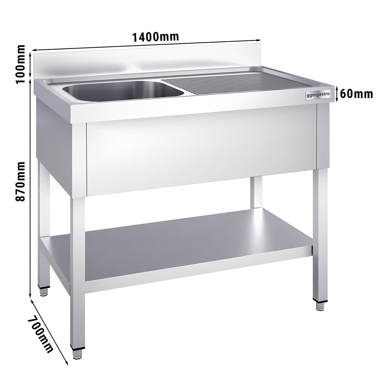 Spültisch PREMIUM - 1400x700mm - mit Grundboden & 1 Becken links