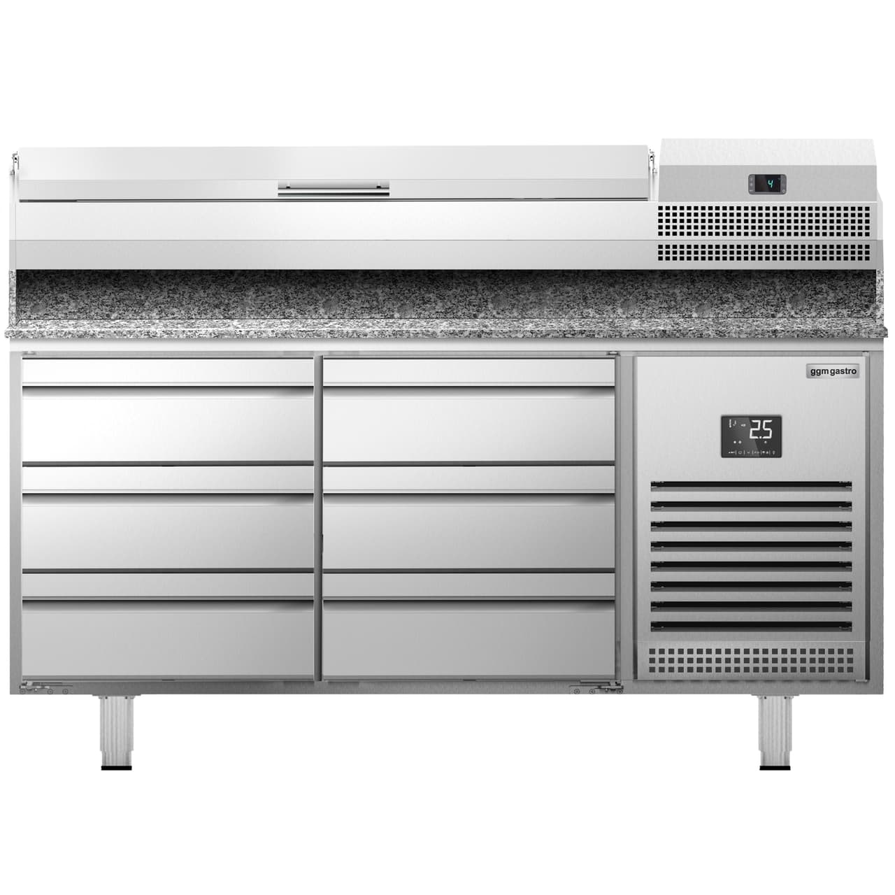 Pizza preparation table Premium PLUS- 1490x700mm - with 6 drawers - incl. refrigerated display case - 6x GN 1/4