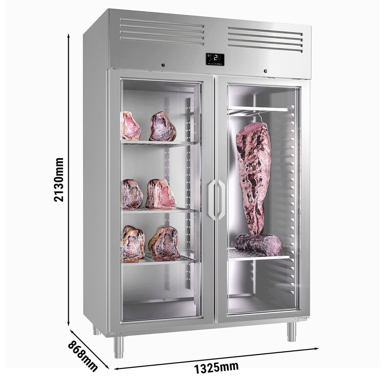 Dry Aging Meat Maturing Cabinet 1.3 m - with 2 glass doors - stainless steel	