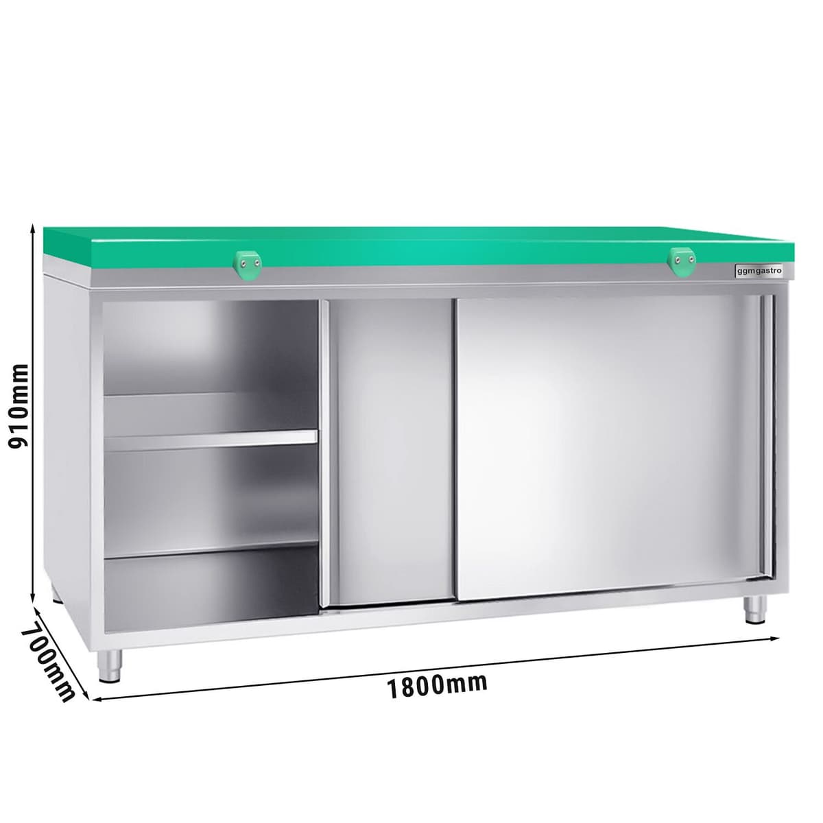 Stainless steel work cabinet PREMIUM - 1800x700mm - with sliding door without backsplash incl. cutting plate