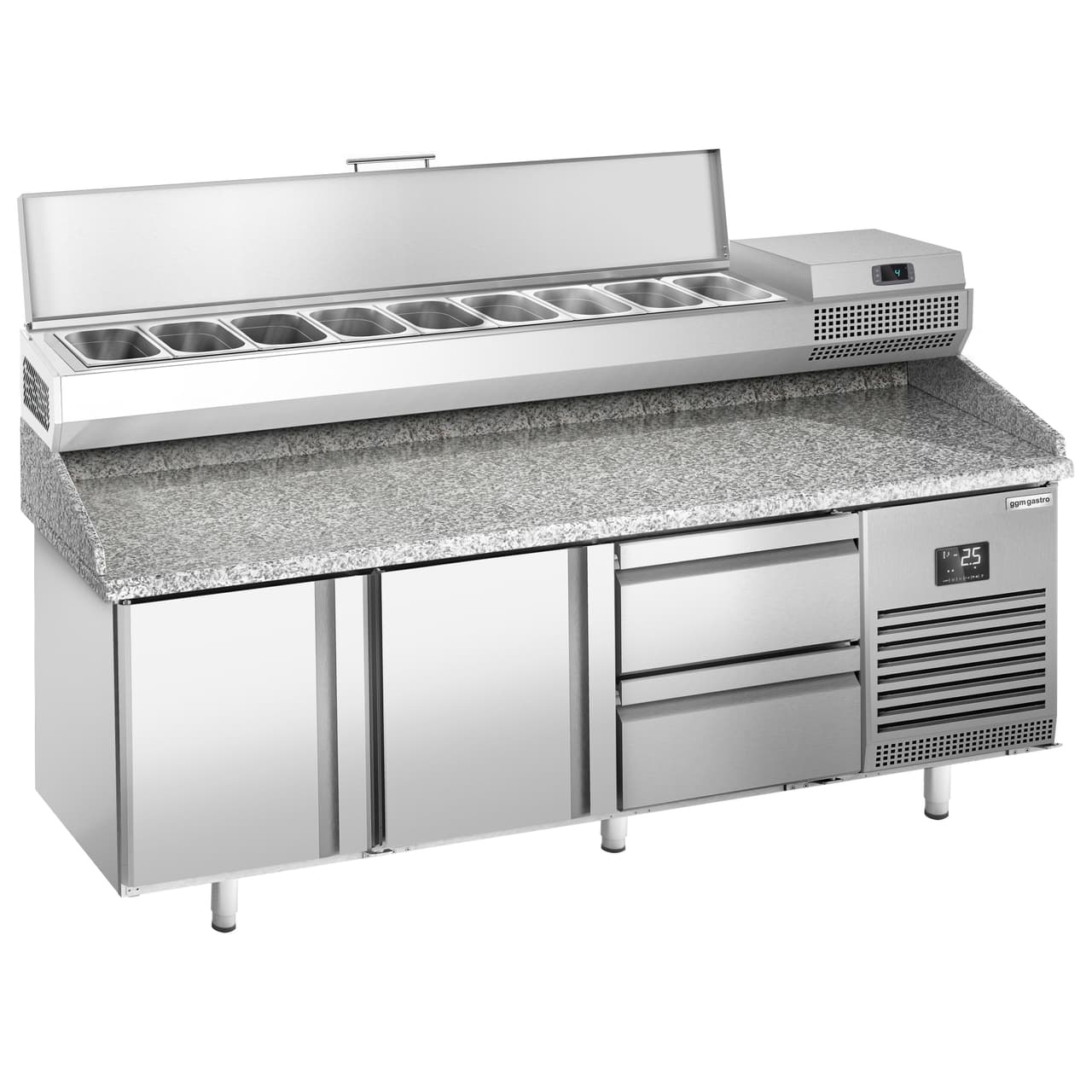 Pizza preparation table Premium PLUS- 1980x700mm - with 2 doors & 2 drawers - incl. refrigerated display case - 9x GN 1/4