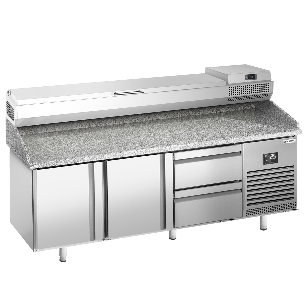 Pizza preparation table Premium PLUS- 1980x700mm - with 2 doors & 2 drawers - incl. refrigerated display case - 9x GN 1/4