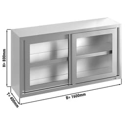 Stainless steel wall cabinet - 1600x400mm - with sliding glass door - 800mm high