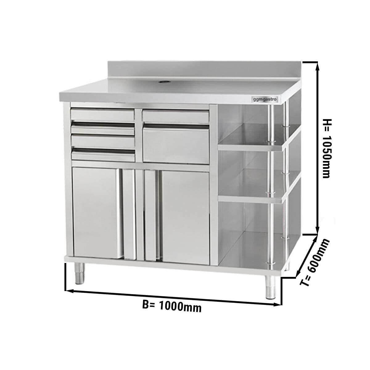 Pracovní skříňka - pro kávovar - 1000x600mm - s odklepávačem, 2 zásuvkami, 2 dveřmi a obkladovým panelem