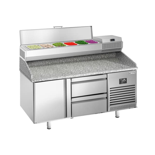 Pizza preparation table Premium PLUS - 1490x700mm - with 1 door & 2 drawers - incl. refrigerated display case - 6x GN 1/4