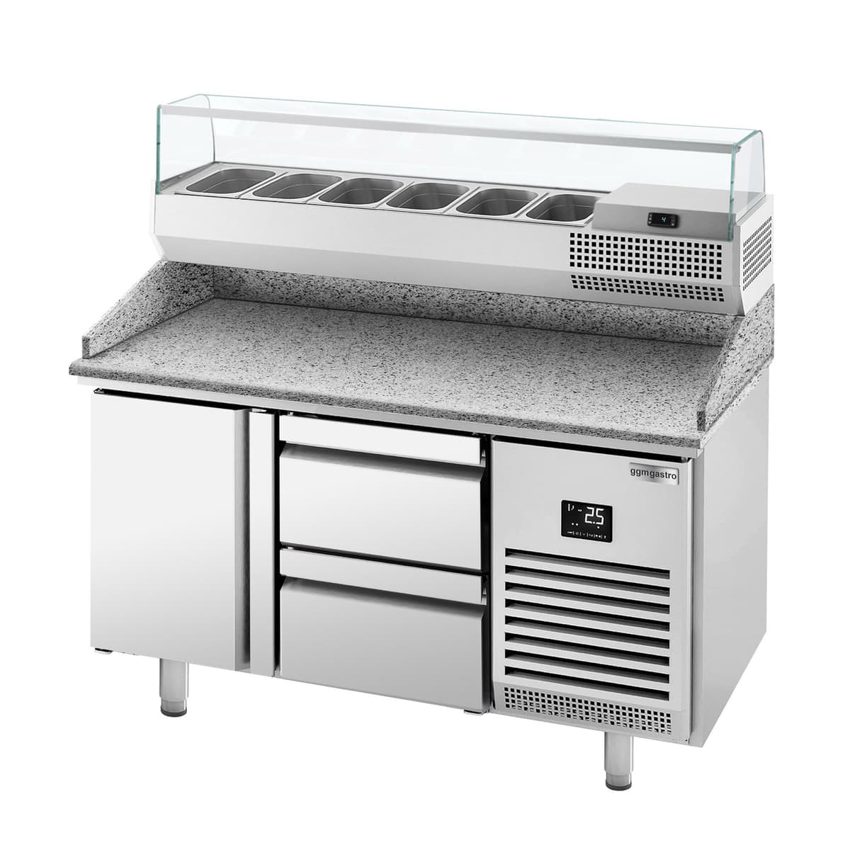 Pizza preparation table Premium PLUS - 1490x700mm - with 1 door & 2 drawers - incl. refrigerated display case - 6x GN 1/4