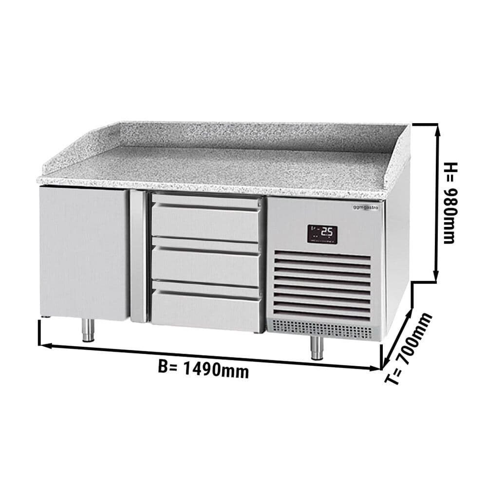 Pizzakühltisch Premium PLUS - 1490x700mm - mit 1 Tür & 3 Schubladen