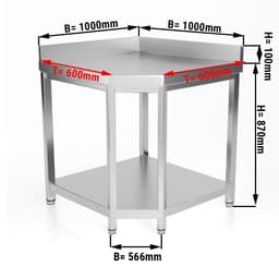 Rohový pracovní stůl z nerezové oceli PREMIUM- 1000x600mm - se spodní policí & obkladovým panelem