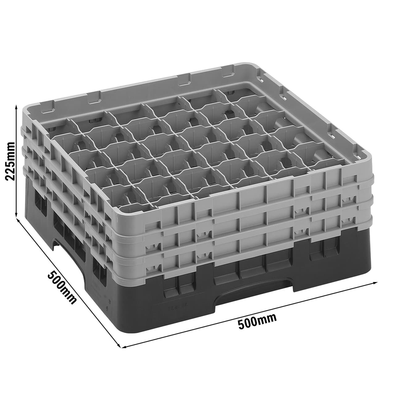 CAMBRO | CAMRACK® - Koš na sklo 1/1 se 3 nástavci - 500x500mm - 36 přihrádek - černý