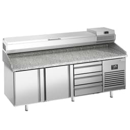 Pizza preparation table Premium PLUS- 1980x700mm - with 2 doors & 3 drawers - incl. refrigerated display case - 9x GN 1/4