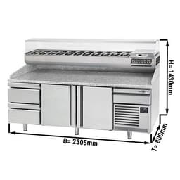 Pizza preparation table Premium PLUS- 2305x800mm - with 2 doors & 2 drawers- incl. refrigerated display case - 11x GN 1/4