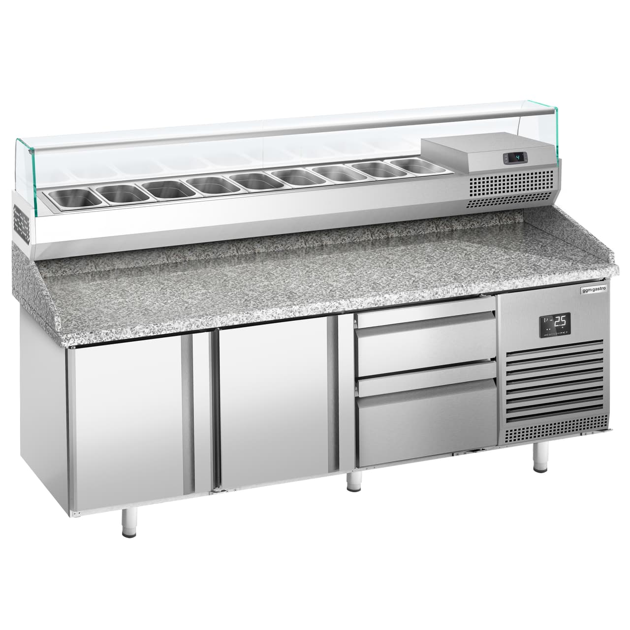 Pizza preparation table Premium PLUS - 1980x700mm - with 2 doors & 2 drawers - incl. refrigerated display case - 9x GN 1/4