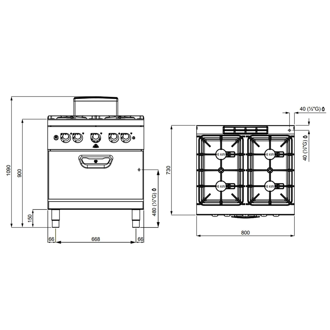 Plynový sporák - 31,8 kW - 4 hořáky- vč. plynové trouby - 7,8 kW