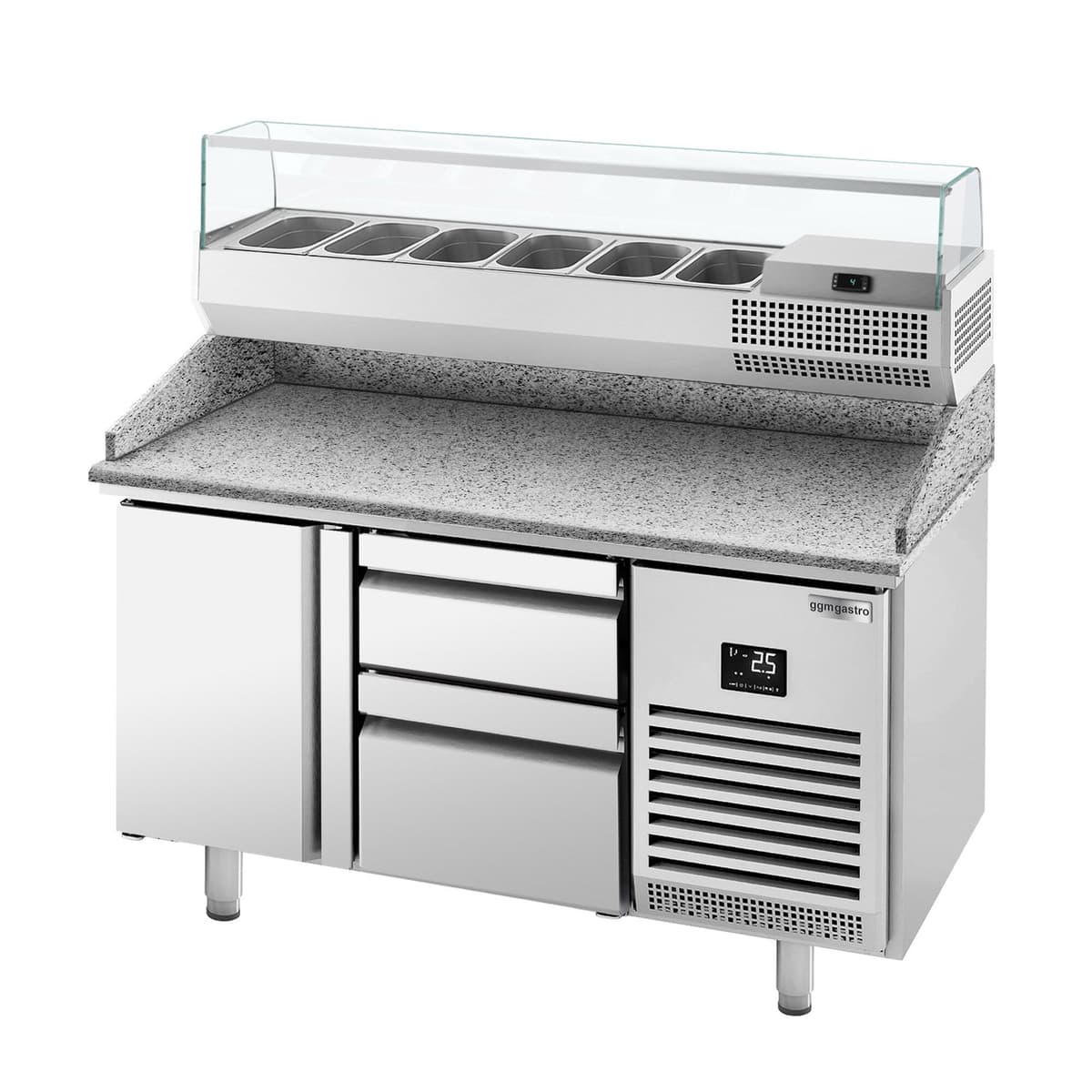 Pizza preparation table Premium PLUS - 1490x700mm - with 1 door & 2 drawers - incl. refrigerated display case - 6x GN 1/4