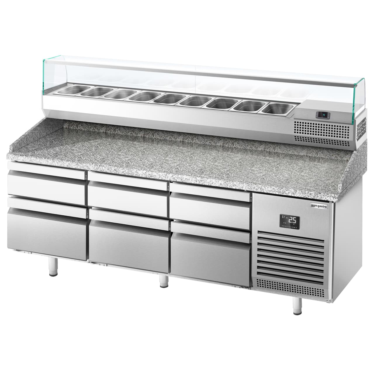 Pizza preparation table Premium PLUS- 1980x700mm - with 6 drawers - incl. refrigerated display case - 9x GN 1/4