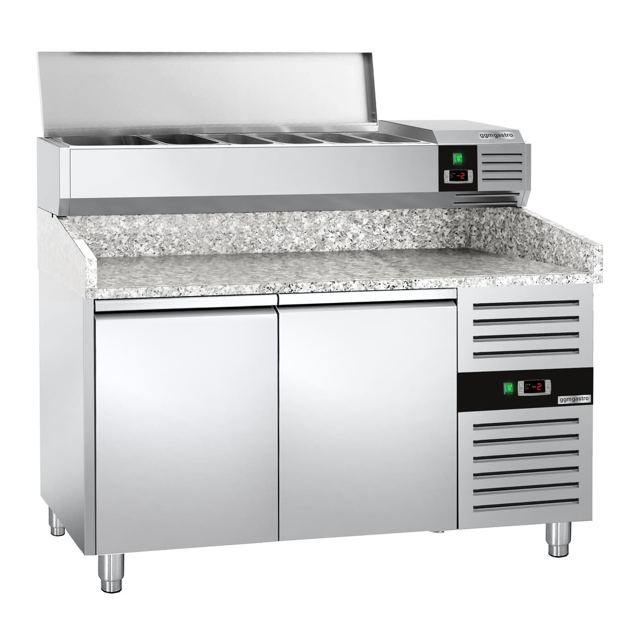 Pizzakühltisch PREMIUM - 1500x800mm - mit 2 Türen - inkl. Kühlaufsatzvitrine - 6x GN 1/3