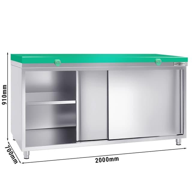 Stainless steel work cabinet PREMIUM - 2000x700mm - with sliding door without backsplash incl. cutting plate