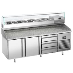 Pizza preparation table Premium PLUS - 1980x700mm - with 2 doors - incl. refrigerated display case - 9x GN 1/4