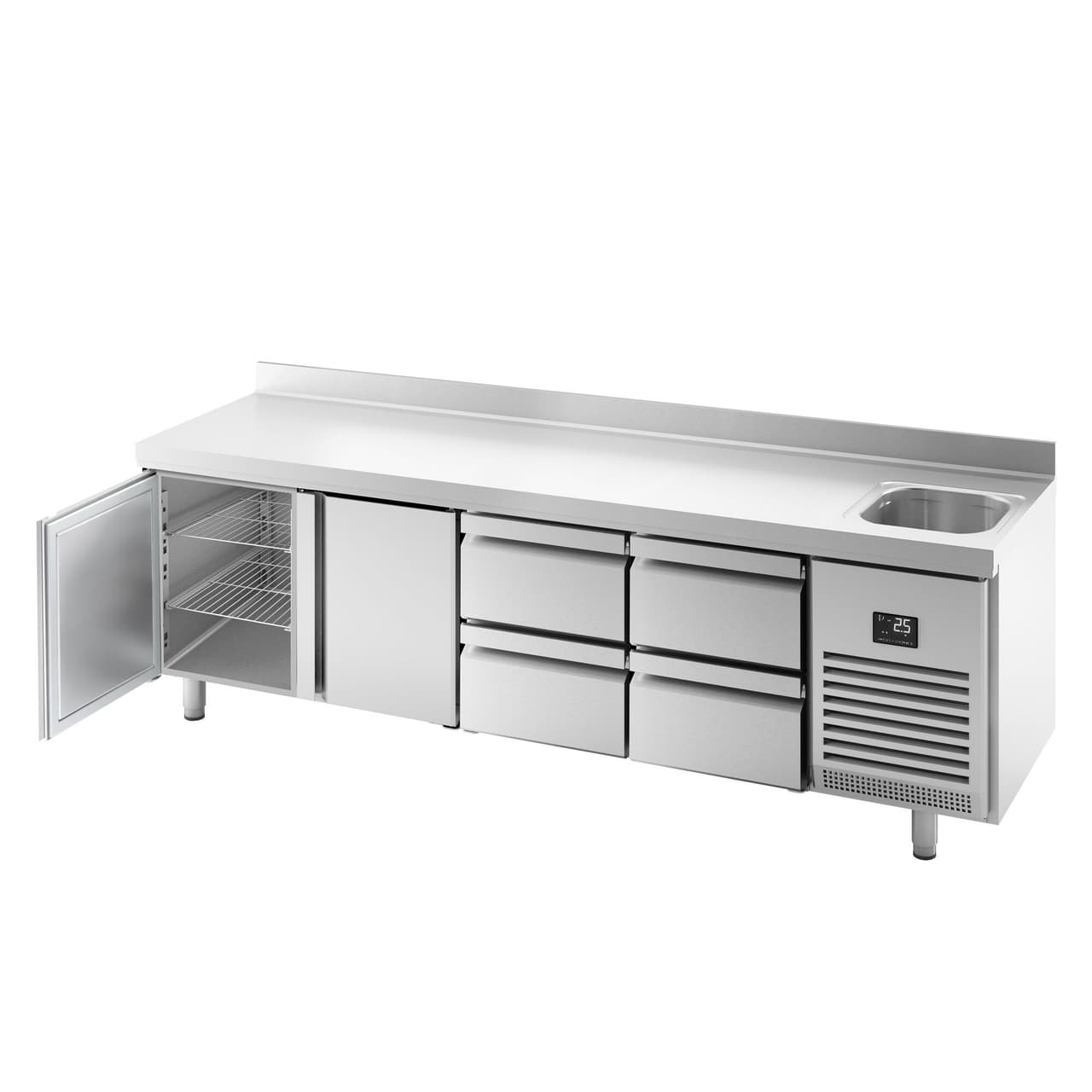 Refrigerated counter Premium PLUS- 2452x700mm - with 1 sink, 2 doors, 4 drawers & backsplash