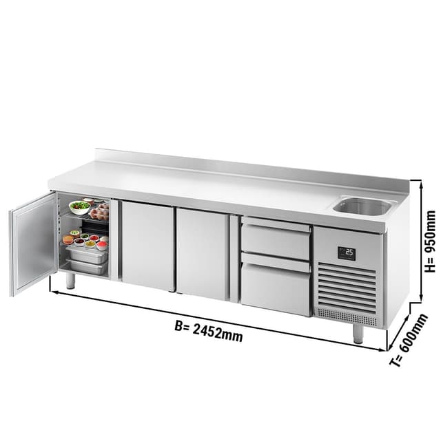 Refrigerated counter Premium PLUS - 2452x600mm - with 1 sink, 3 doors & 2 drawers & backsplash