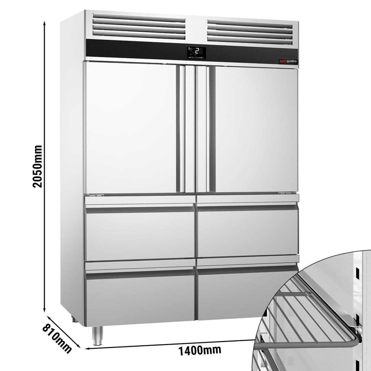 Lednice nerezová PREMIUM - GN 2/1 - 1400L - se 2 polovičními dveřmi & 4 zásuvkami