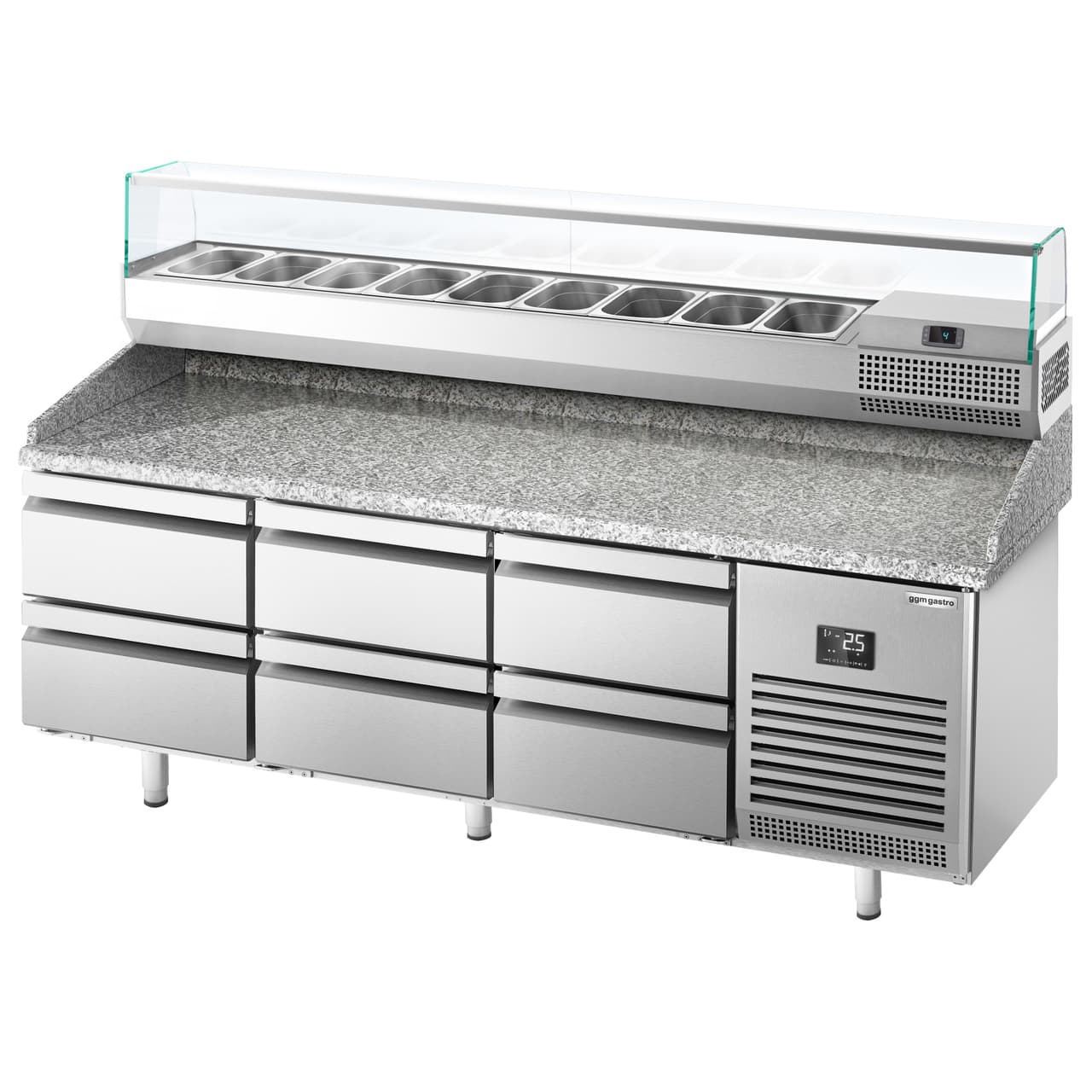 Pizza preparation table Premium PLUS - 1980x700mm - with 6 drawers - incl. refrigerated display case - 9x GN 1/4