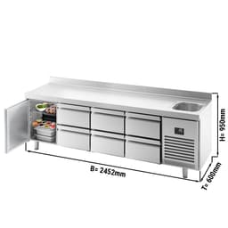 Refrigerated counter Premium PLUS - 2452x600mm - with 1 sink, 3 doors, 2 drawers & backsplash