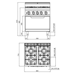 Plynový sporák 4 hořáky (21,5 kW) + plynová trouba (7,8 kW)