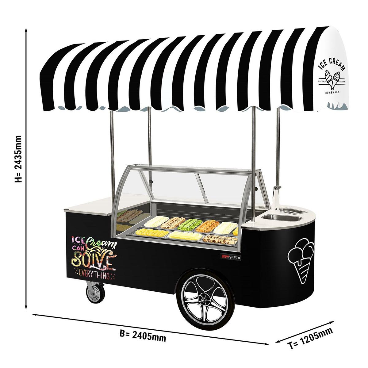 Ice cream trolley - 2146mm - with sink & round ice cream counter - 9x5 litres ice cream container