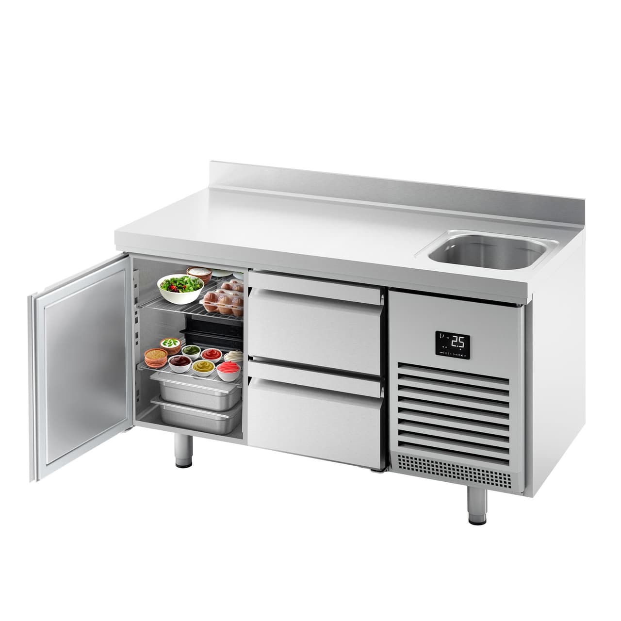 Refrigerated counter Premium PLUS - 1468x600mm - with 1 sink, 1 door, 2 drawers & backsplash