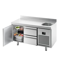 Refrigerated counter Premium PLUS - 1468x600mm - with 1 sink, 1 door, 2 drawers & backsplash