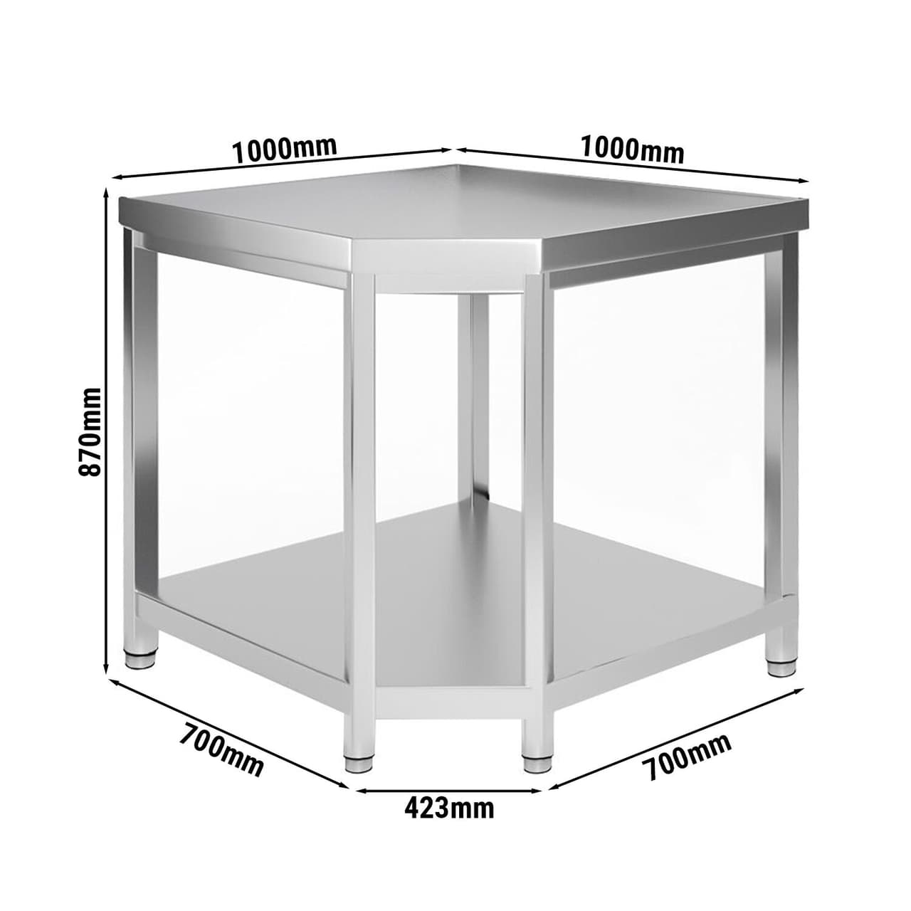 Rohový pracovní stůl z nerezové oceli - 1000x700mm - se spodní policí, bez obkladového panelu