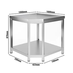 Rohový pracovní stůl z nerezové oceli - 1000x700mm - se spodní policí, bez obkladového panelu