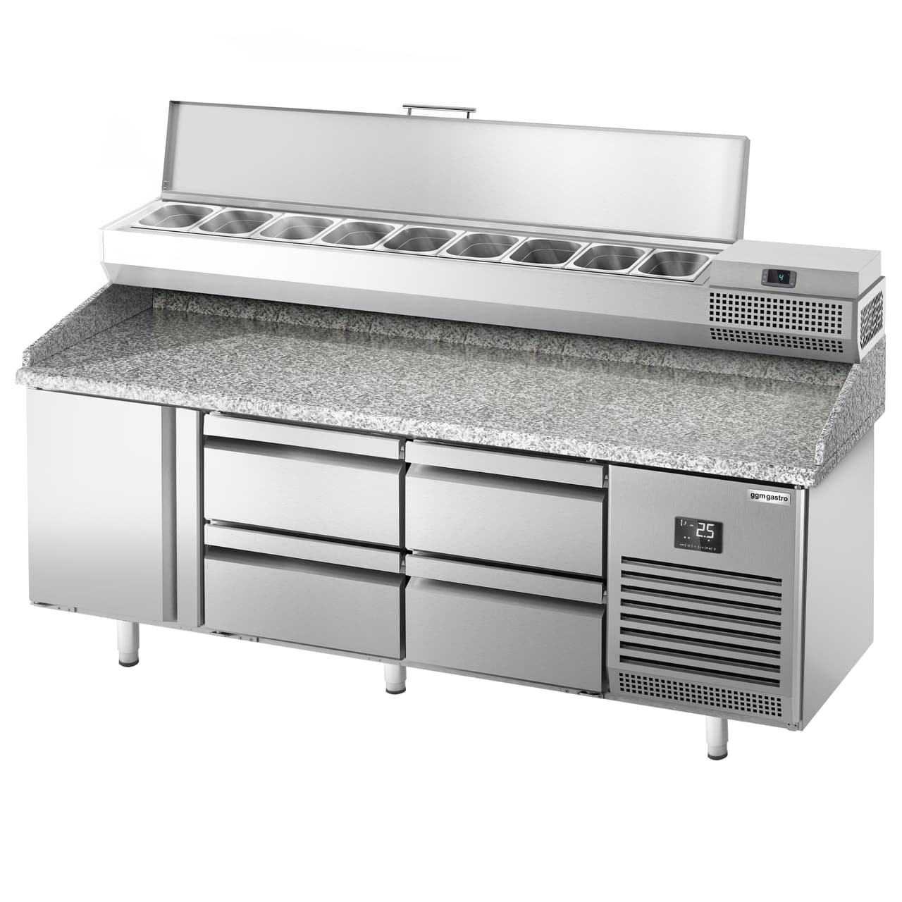 Pizza preparation table Premium PLUS- 1980x700mm - with 1 door & 4 drawers - incl. refrigerated display case - 9x GN 1/4