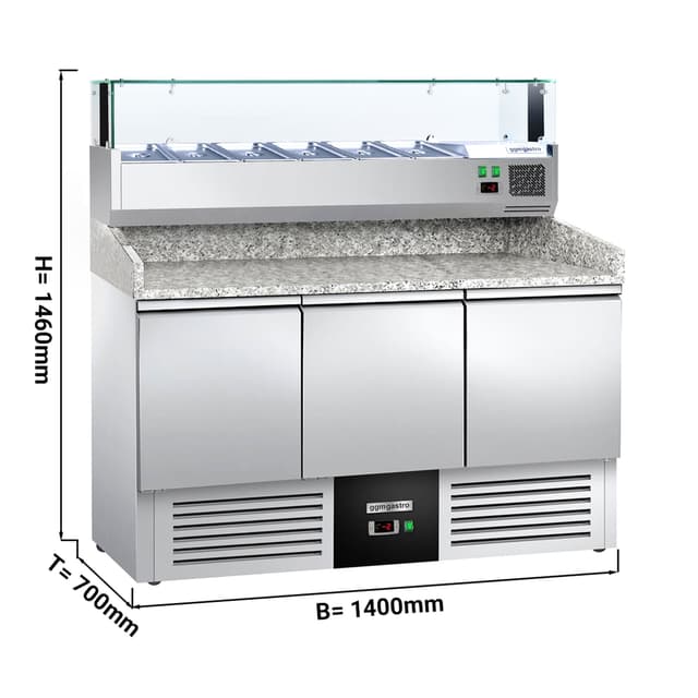 Pizza cooling table PREMIUM- 1400x700mm - 3 doors - incl. refrigerated display case - 6x GN 1/4