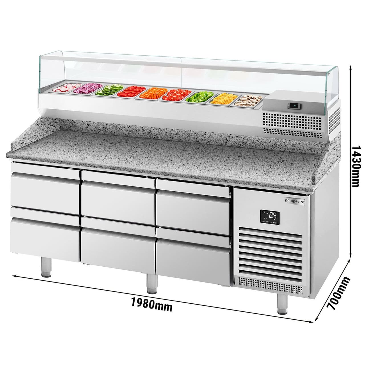 Pizza preparation table Premium PLUS - 1980x700mm - with 6 drawers - incl. refrigerated display case - 9x GN 1/4