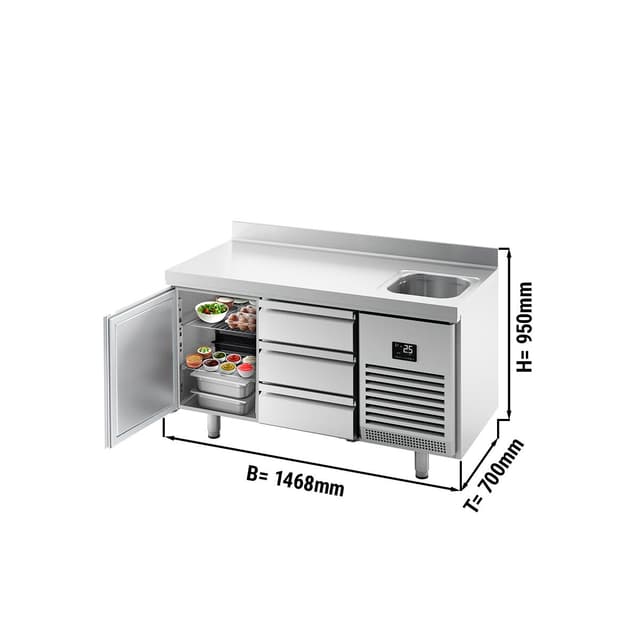 Refrigerated counter Premium PLUS- 1468x700mm - with 1 sink, 1 door, 3 drawers & backsplash