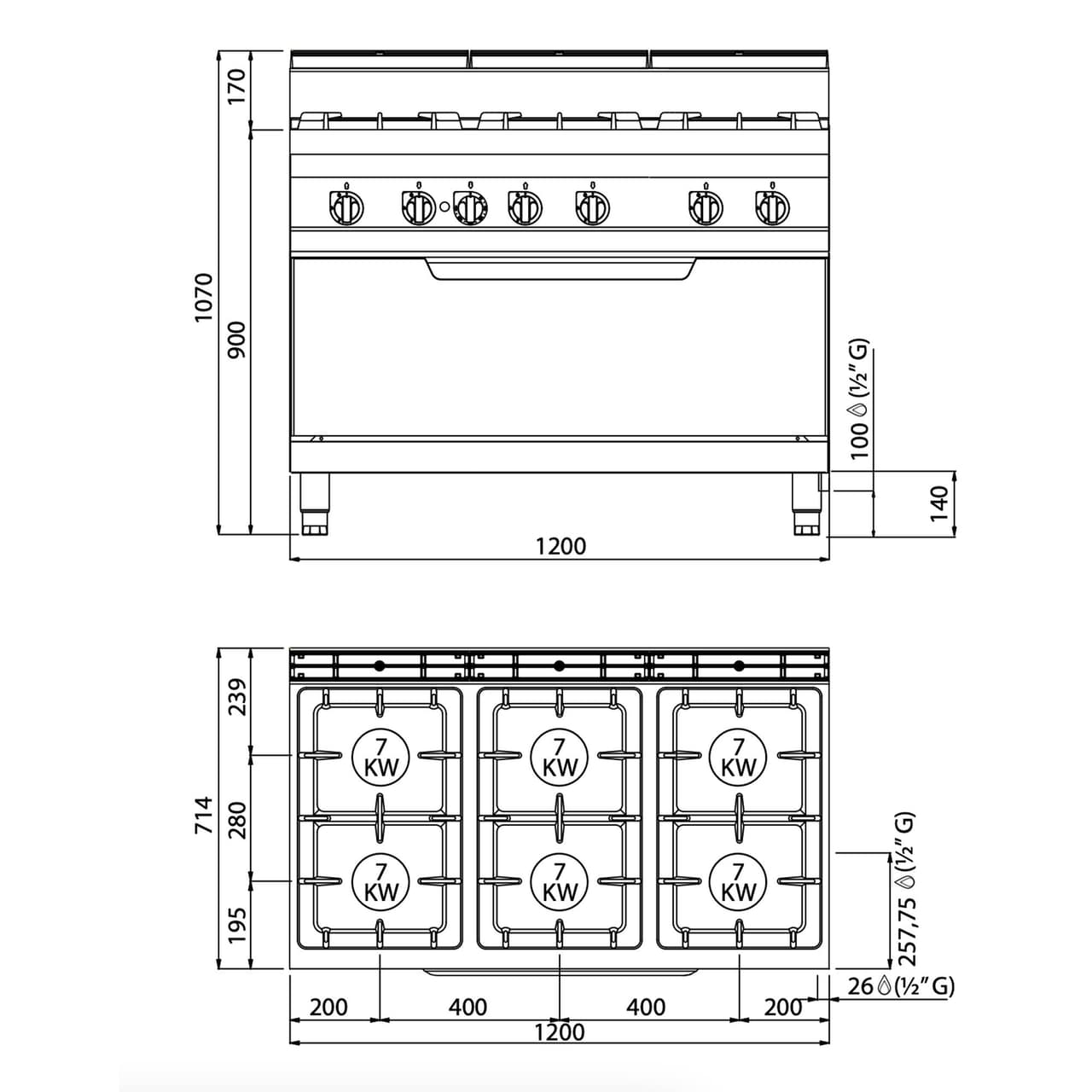 Plynový sporák 6 hořáky (42 kW) - s plynovou statickou troubou (12 kW)