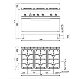 Plynový sporák 6 hořáky (42 kW) - s plynovou statickou troubou (12 kW)