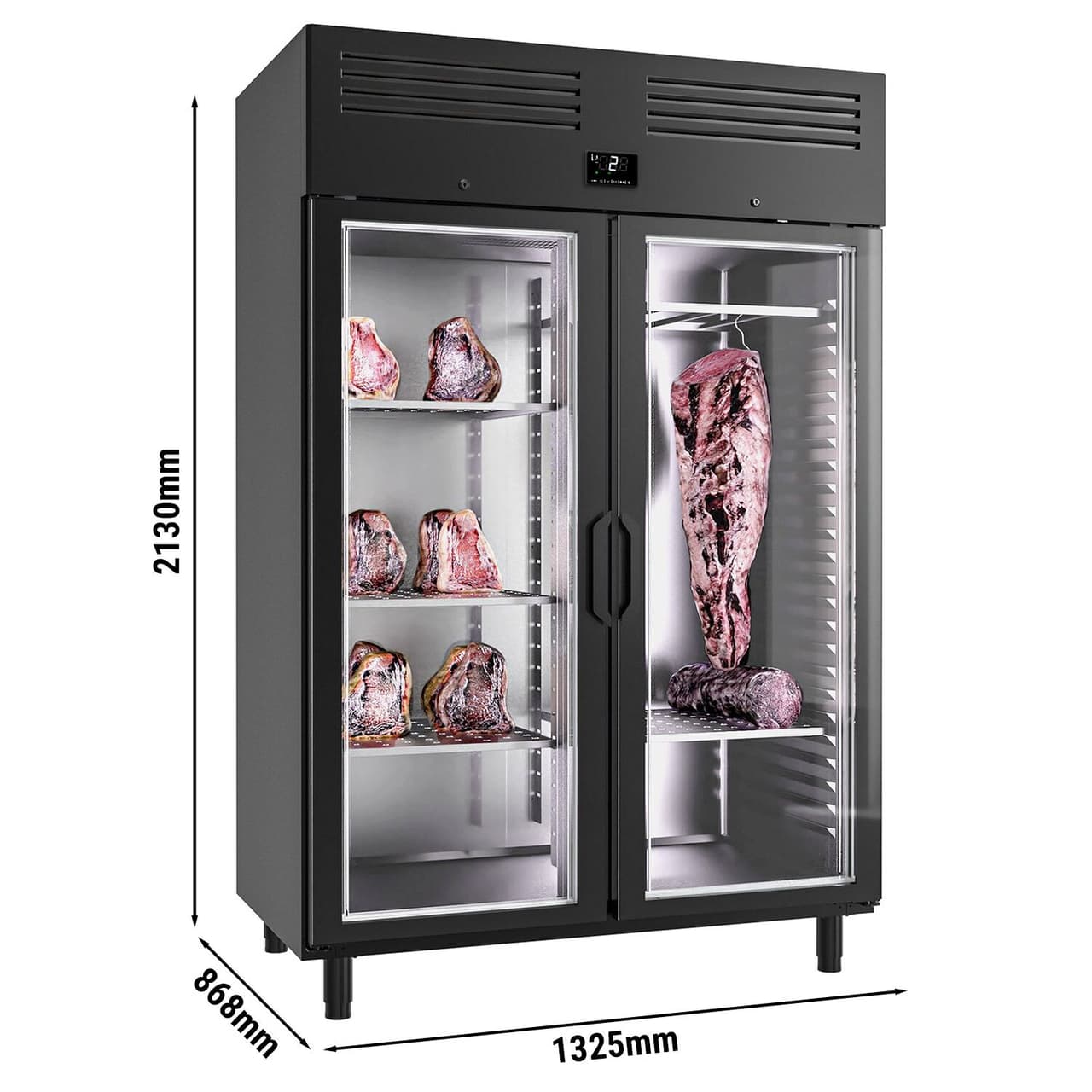 Dry Aging Meat Maturing Cabinet 1.3 m - with 2 Glass Doors - Black	