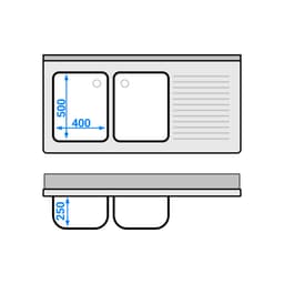 Mycí stůl PREMIUM z nerezové oceli - se spodní policí - 1,4 m - 2 dřezy vlevo - d 40 x š 50 x hl 25 cm