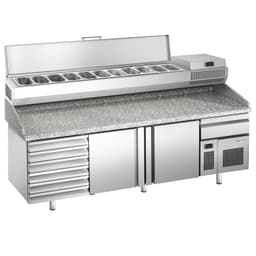 Pizza preparation table Premium PLUS- 2305x800mm- with 2 doors & 6 drawers - incl. refrigerated display case - 11x GN 1/4