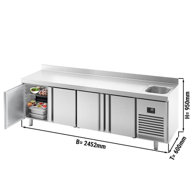 Refrigerated counter Premium PLUS- 2452x600mm - with 1 basin, 4 doors & backsplash