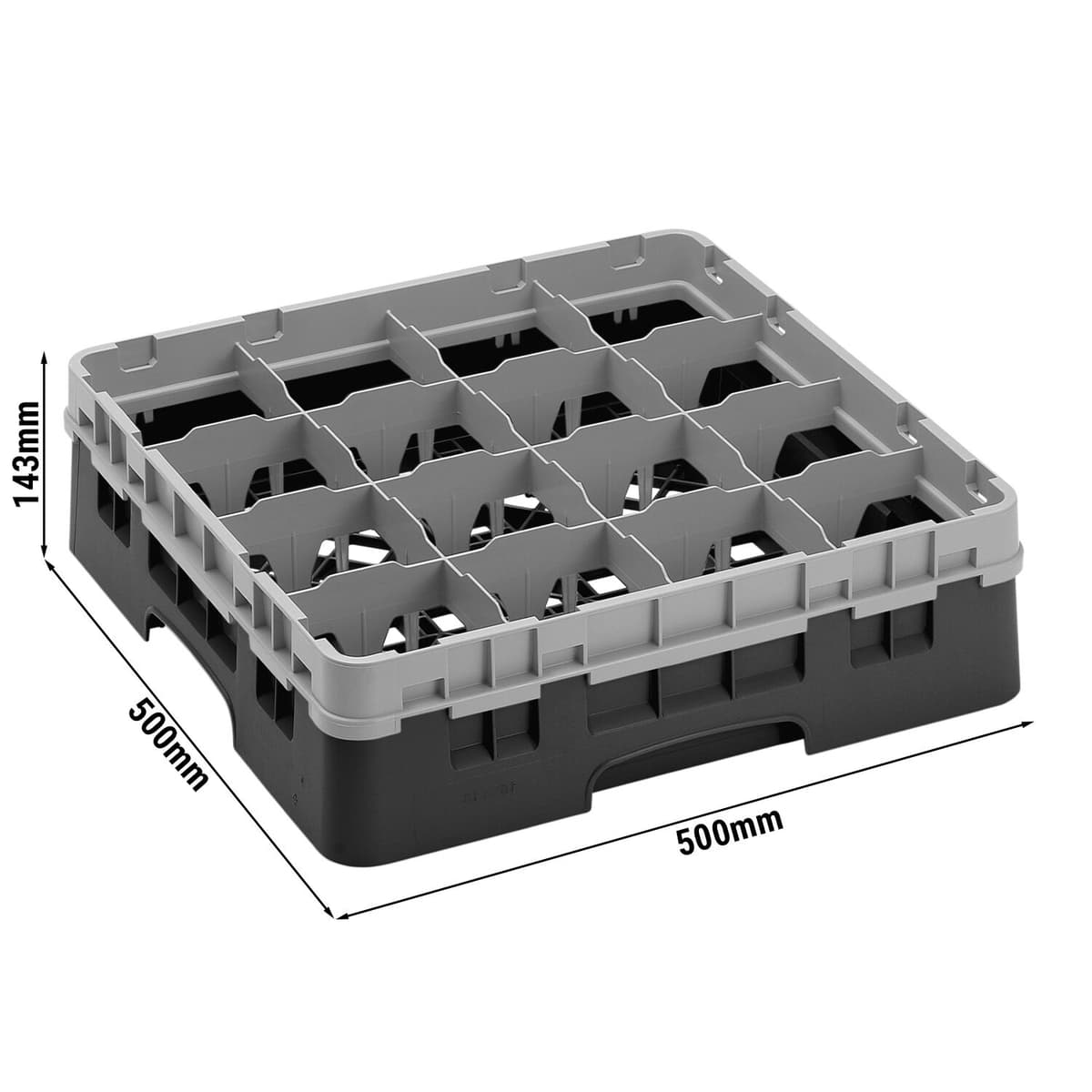 CAMBRO | CAMRACK® - Koš na sklo 1/1 s 1 nástavcem - 500x500mm - 16 přihrádek - černý