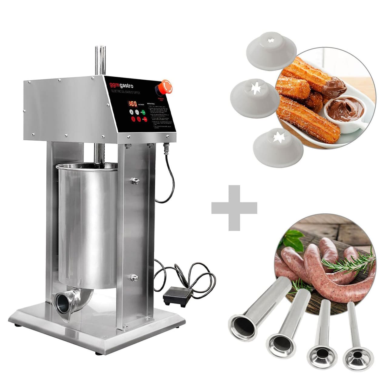 Elektrischer Wurstfüller & Churromaschine - 12 Liter - 90 Watt - Edelstahl - inkl. 4 Wurstfüller- & 3 Churro-Aufsätze