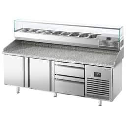 Pizza preparation table Premium PLUS - 1980x700mm - with 2 doors & 2 drawers - incl. refrigerated display case - 9x GN 1/4