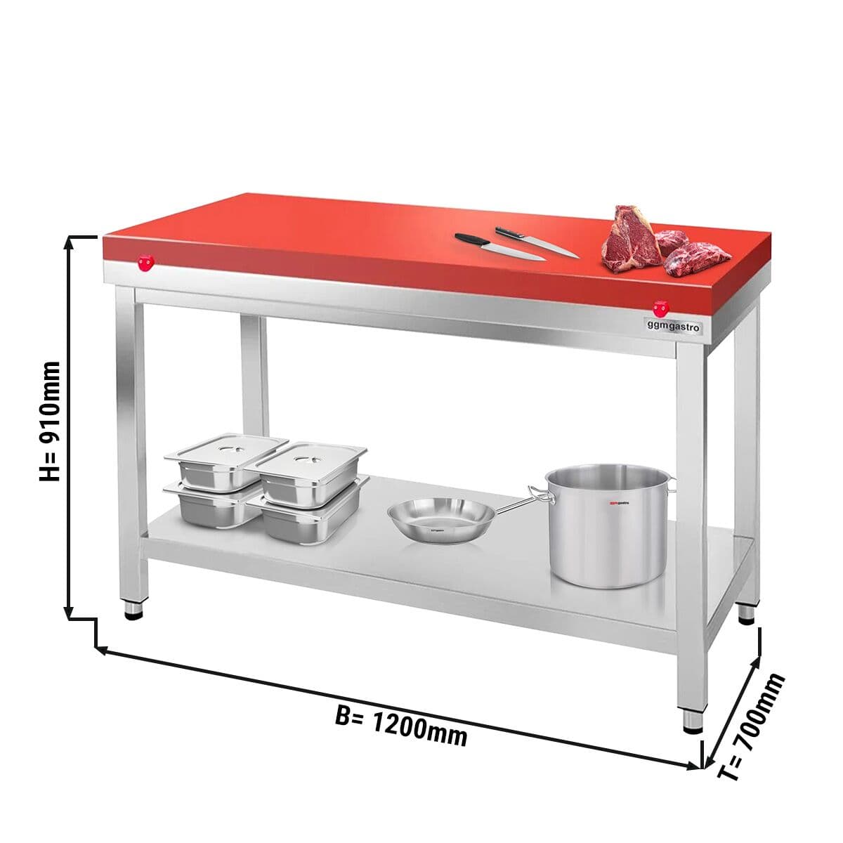 Edelstahl Arbeitstisch PREMIUM - 1200x700mm - mit Grundboden ohne Aufkantung inkl. Schneideplatte